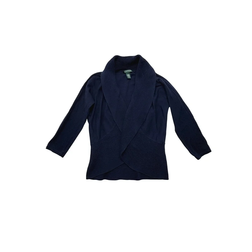 Ralph Lauren Navy Blue 100% Cotton Open Front Shawl Cardigan Sweater M